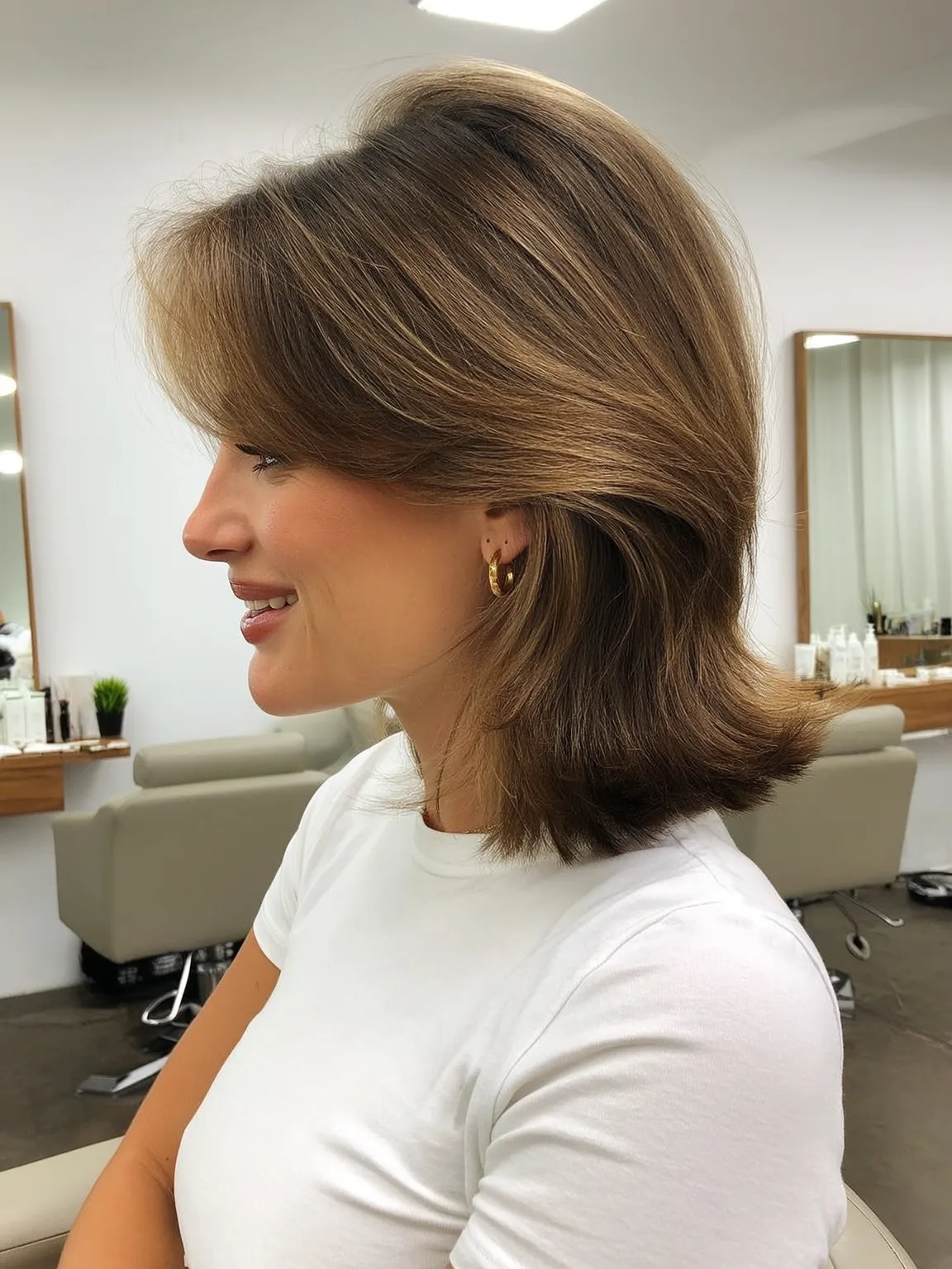 Feathered Shoulder-Length Straight Layers with Side Bangs